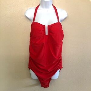 Kona Sol Women's Red U-Wire Halter Full Coverage One Piece Swimsuit Size 17